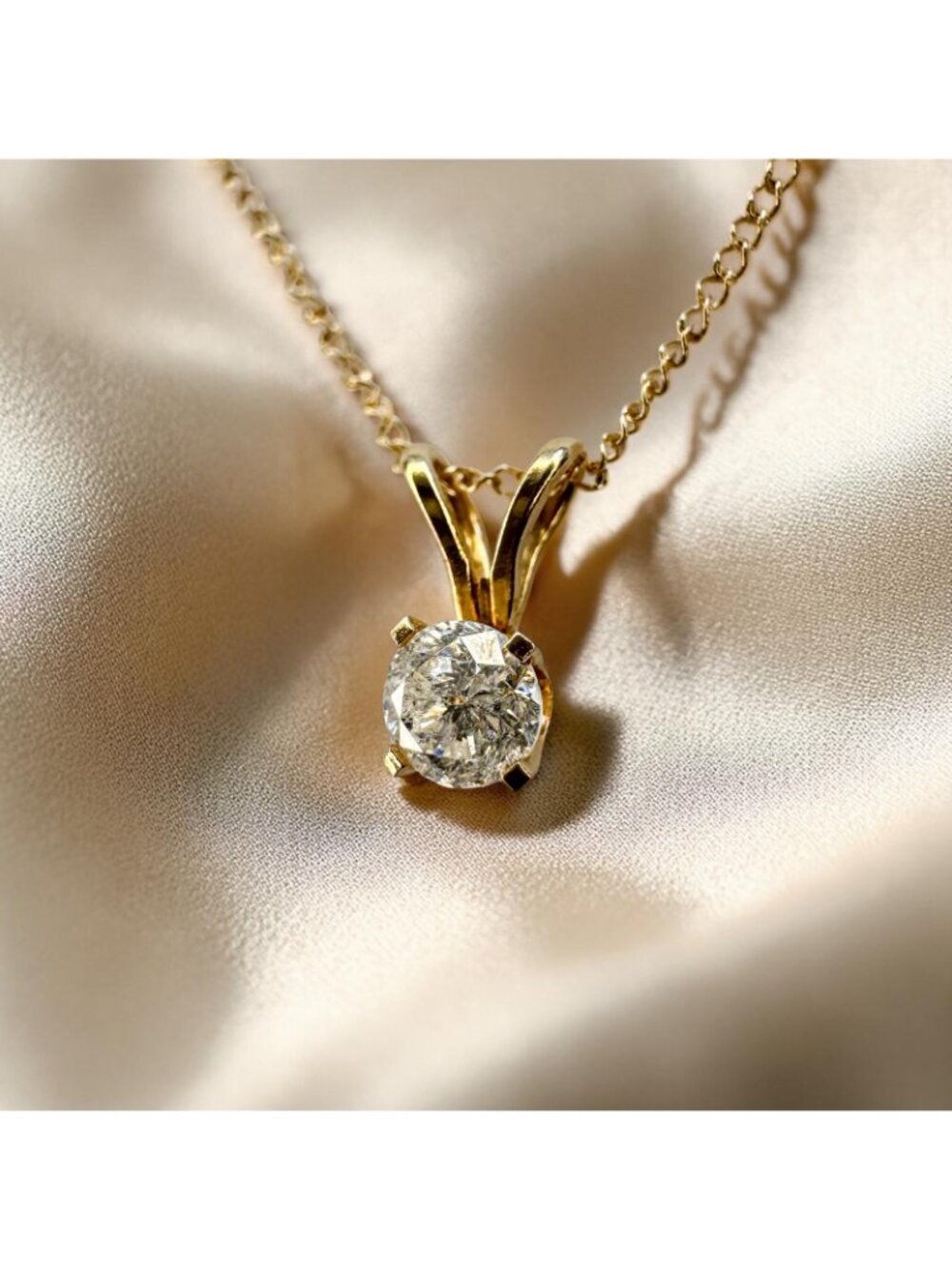 Estate- 14K Gold Natural Diamond Necklace 1/3CT Round Cut Solitaire -16" Dainty - Picture 2 of 16